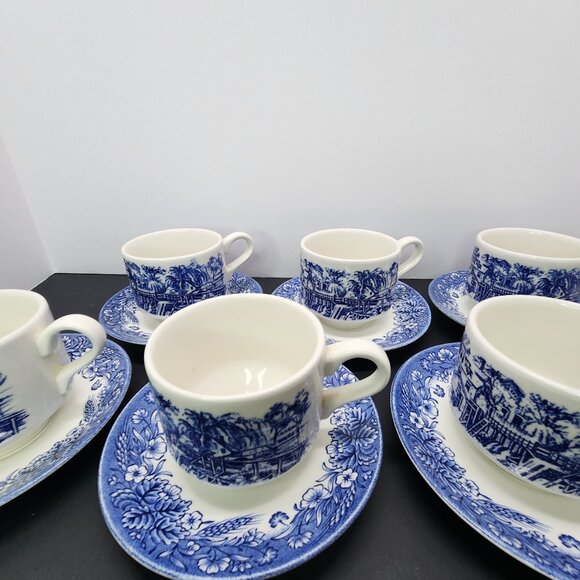 Vtg Churchill Currier and Ives Harvest Heritage Mint Cups & Saucer Set of 6 - Picture 6 of 10